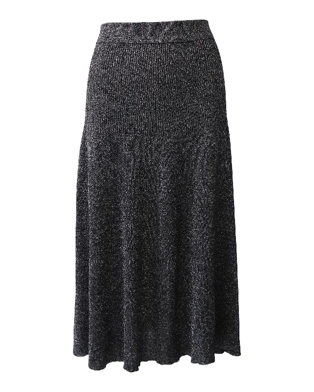 soft maroon skirts -Joseph Ribbed Midi Skirt in Metallic Grey Viscose Lurex