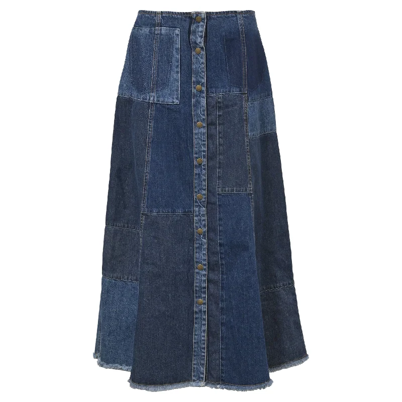 tiered black skirts -McQ By Alexander McQueen Patchwork A-line Midi Skirt in Blue Denimalexande