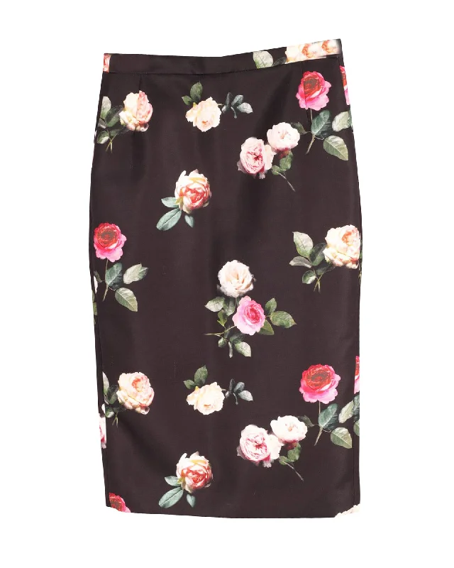 tiered red skirts -N.21 Floral Midi Pencil Skirt in Black Print Silk