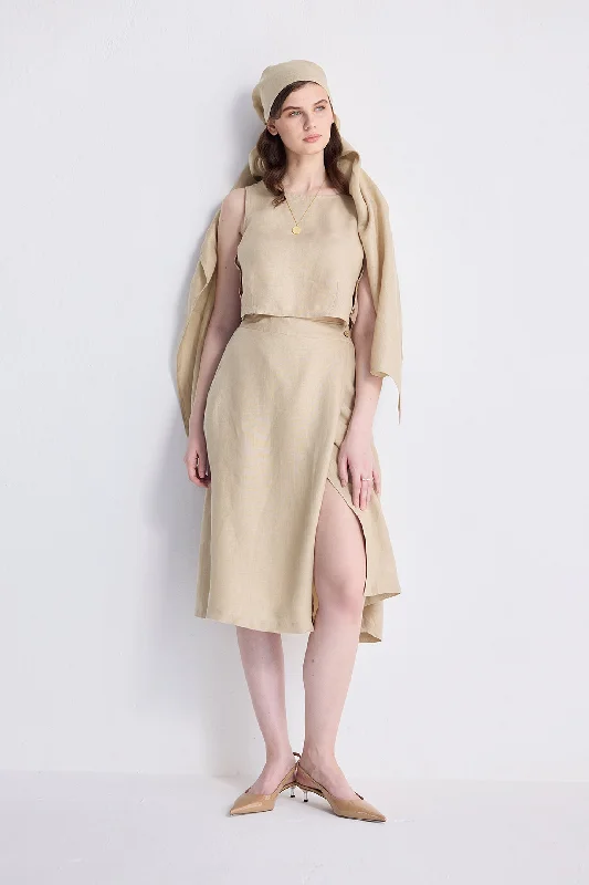 summer yellow skirts -Overlap Midi Skirt in Neutral Beige