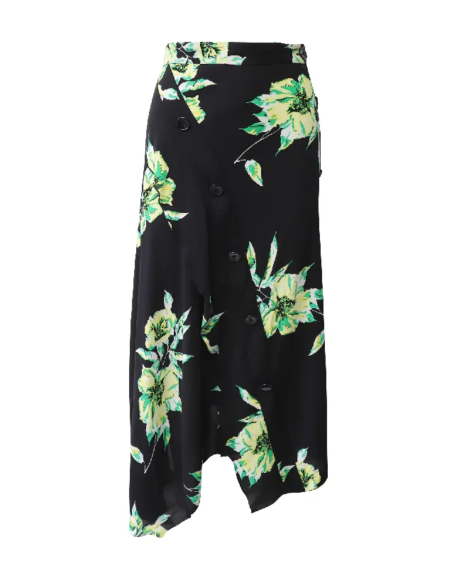 graphic teal skirts -Proenza Schouler Lily Print Asymmetric Skirt in Black and Green Silk