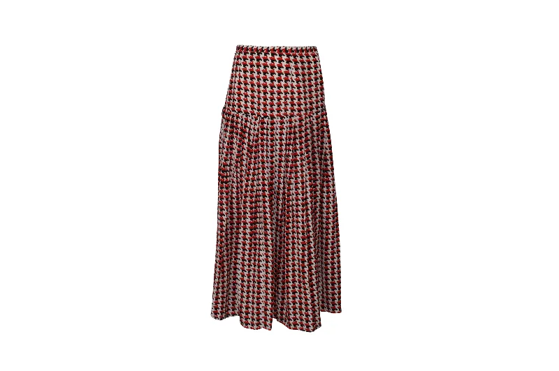 high-waisted purple skirts -Rixo Houndstooth Pleated Maxi Skirt in Red Print Silk