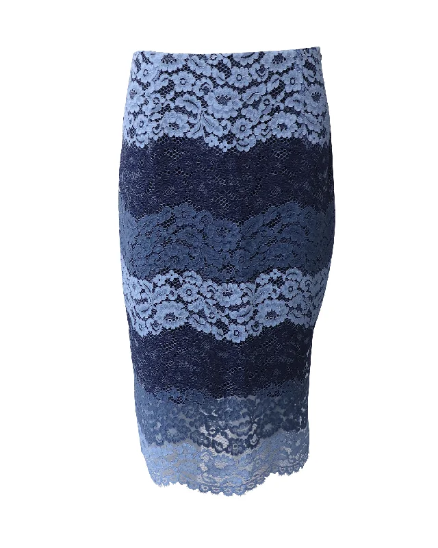 trendy yellow skirts -Sandro Paris Lace Midi Skirt in Blue Polyamide