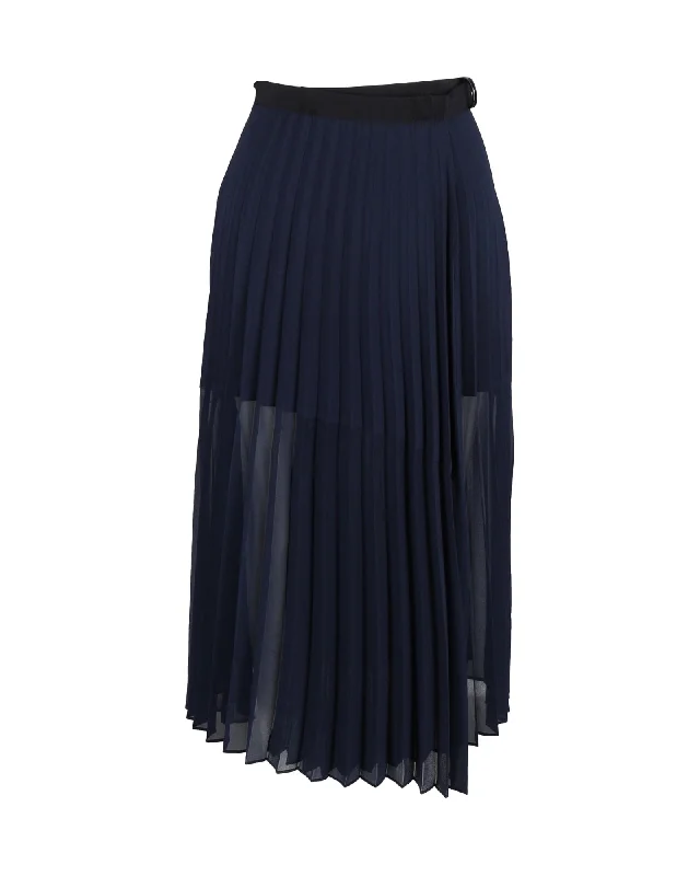 boho orange skirts -Sandro Pleated Skirt in Navy Blue Polyester