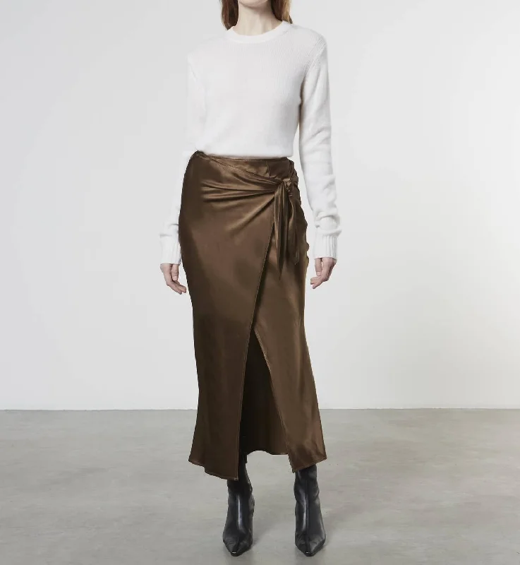 trendy yellow skirts -Satin Wrap Skirt In Saddle Brown