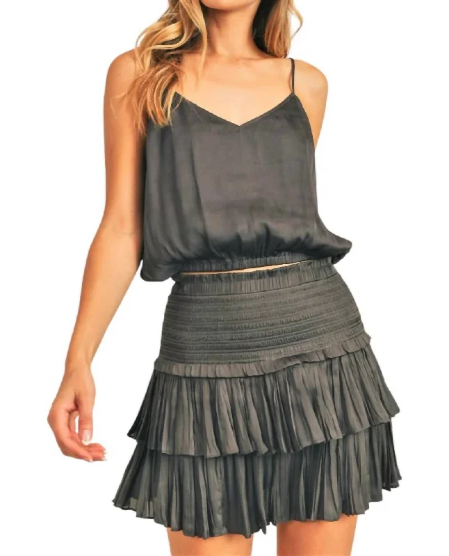 polyester brown skirts -Silky Smocking Layered Skirt In Charcoal