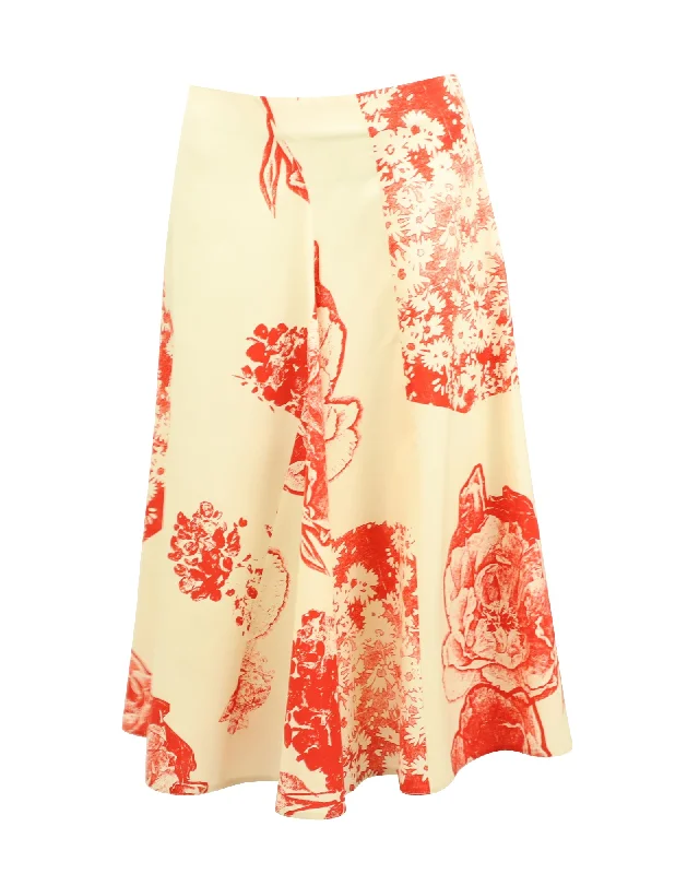 red soft skirts -Stella McCartney Floral Print A-Line Midi Skirt in White Silk