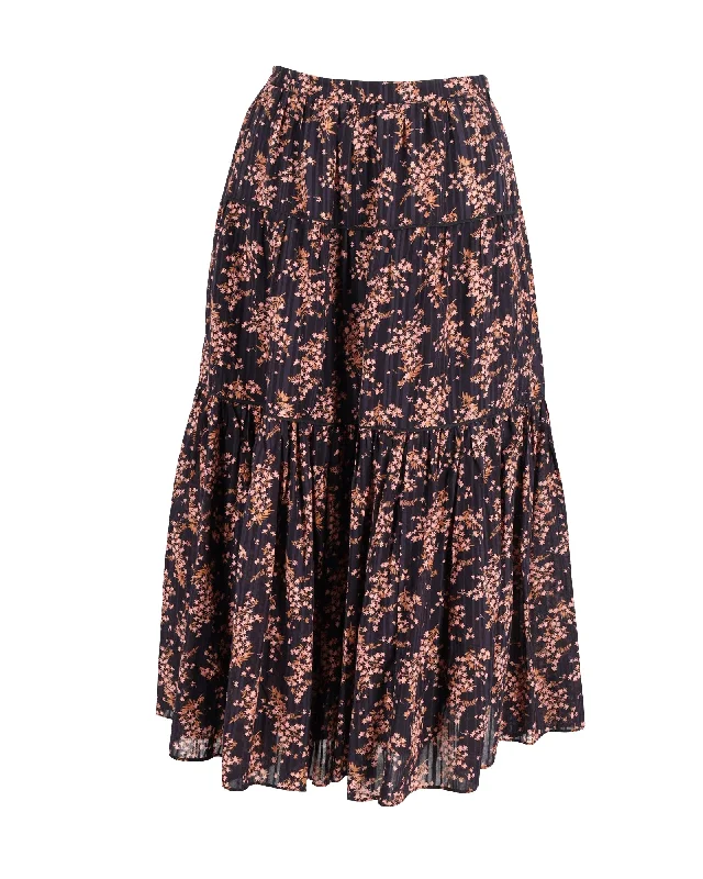 ruffled indigo skirts -Ulla Johnson Auveline Gathered Jacquard Midi Skirt in Floral Print Cotton