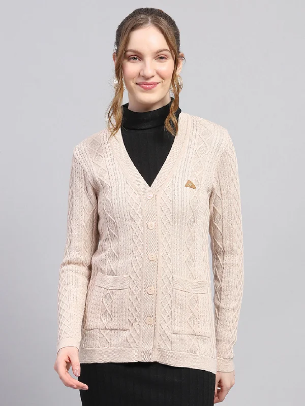 cardigan for date night -Women Beige Self Design V Neck Full Sleeve Cardigan