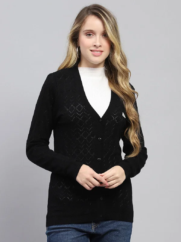 cardigan thick wool -Women Black Self Design V Neck Full Sleeve Cardigan