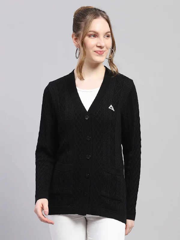 cardigan alpaca wool -Women Black Self Design V Neck Full Sleeve Cardigan