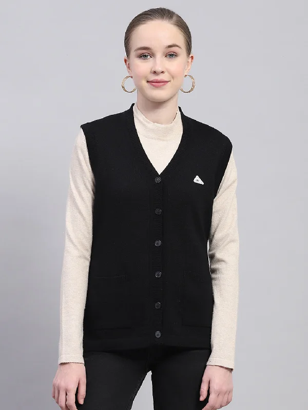 cardigan warm layers -Women Black Solid V Neck Sleeveless Cardigan