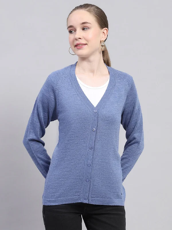 cardigan for home -Women Blue Solid V Neck Full Sleeve Cardigan