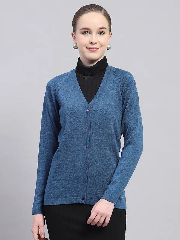 cardigan pink pastel -Women Blue Solid V Neck Full Sleeve Cardigan