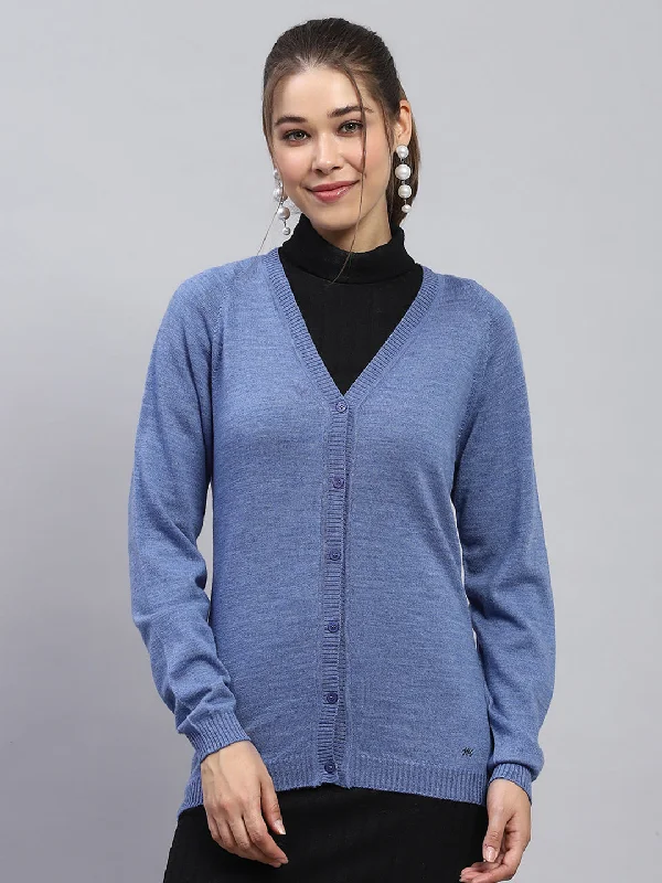 cardigan loose fit -Women Blue Solid V Neck Full Sleeve Cardigan