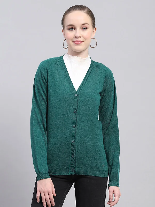 cardigan for elderly -Women Green Solid V Neck Full Sleeve Cardigan