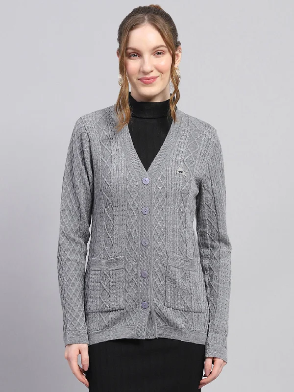 cardigan with patches -Women Grey Self Design V Neck Full Sleeve Cardigan