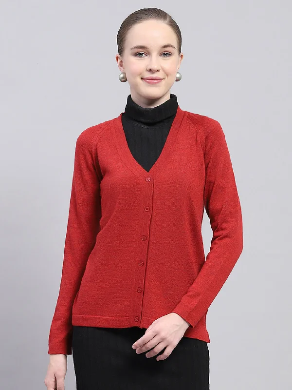 cardigan for beach -Women Maroon Solid V Neck Full Sleeve Cardigan