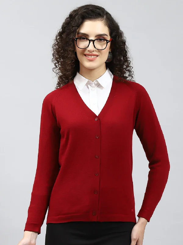 cardigan for early fall -Women Maroon Solid V Neck Full Sleeve Cardigan