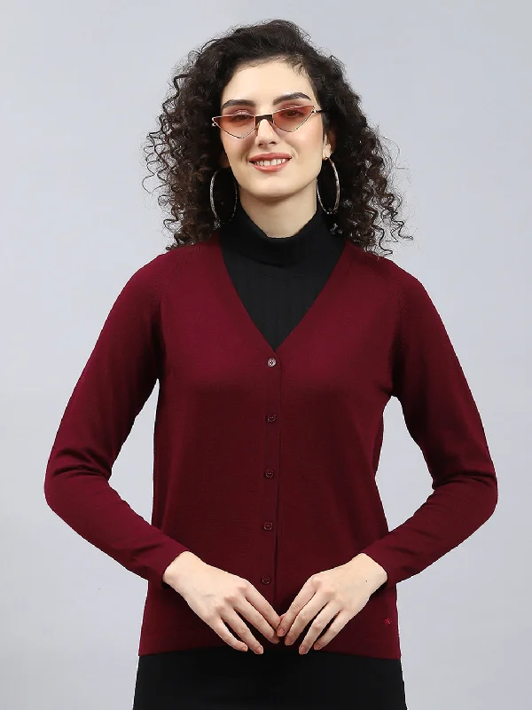 cardigan for casual events -Women Maroon Solid V Neck Full Sleeve Cardigan