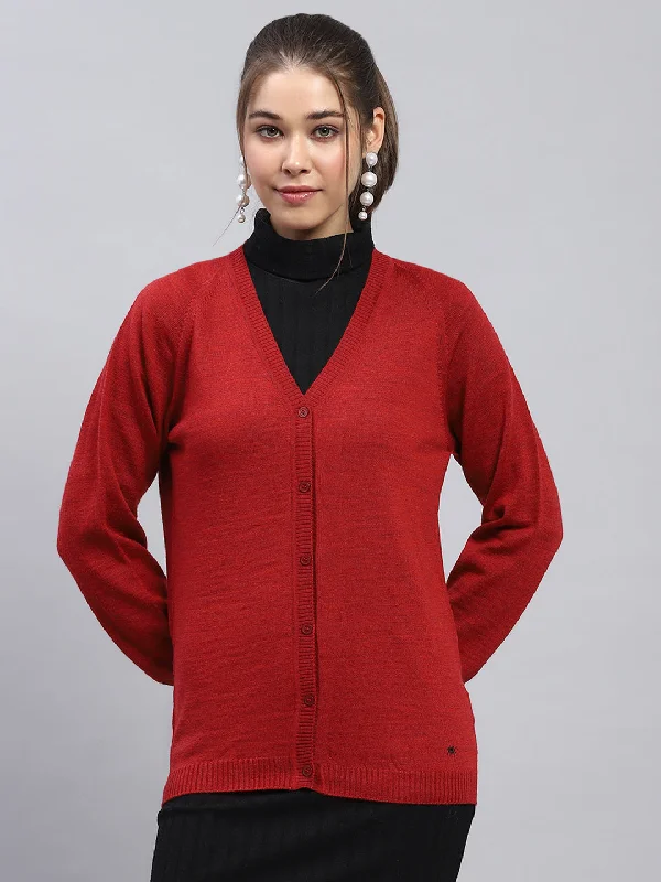 cardigan for school -Women Maroon Solid V Neck Full Sleeve Cardigan