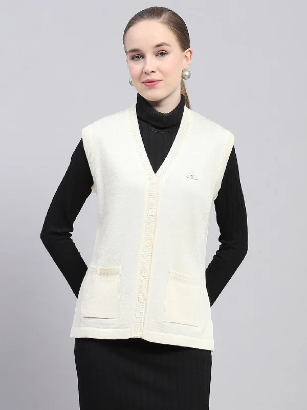 cardigan sustainable fabric -Women Off White Solid V Neck Sleeveless Cardigan