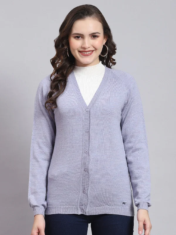 cardigan breathable cotton -Women Purple Solid V Neck Full Sleeve Cardigan