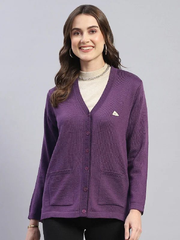 cardigan for relaxing -Women Purple Solid V Neck Full Sleeve Cardigan