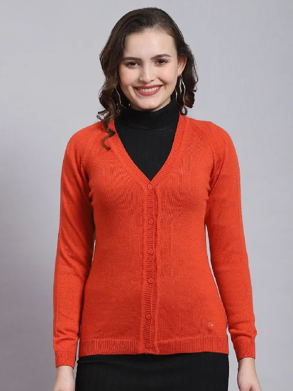 cardigan for brunch -Women Red Solid V Neck Full Sleeve Cardigan