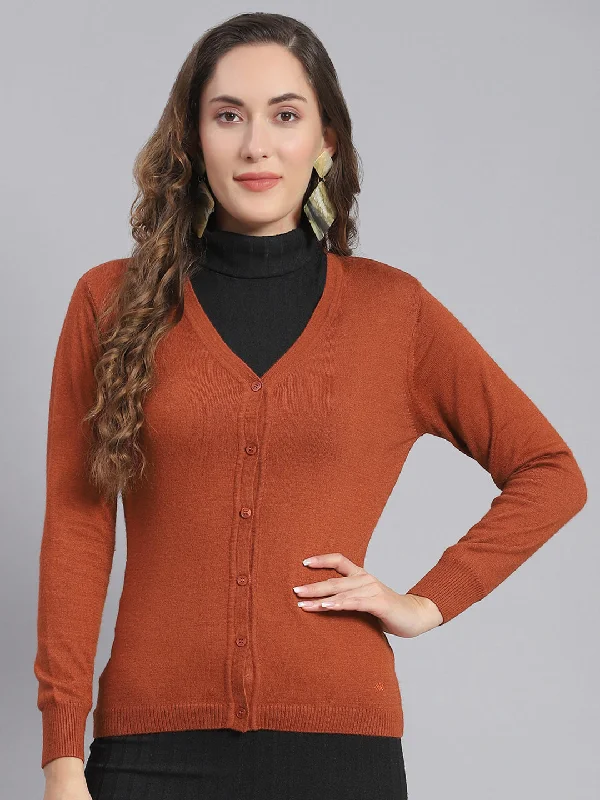 cardigan with floral -Women Rust Solid V Neck Full Sleeve Cardigan