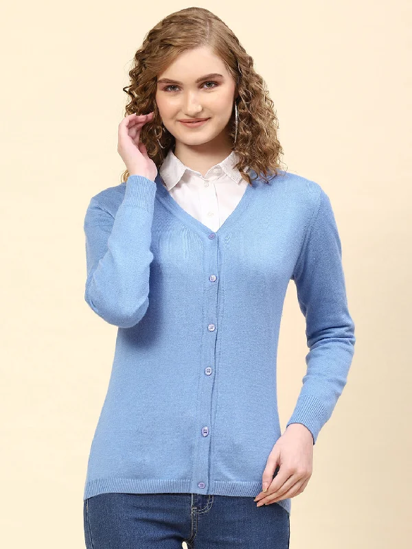 cardigan stretch fabric -Women Sky Blue Solid V Neck Full Sleeve Cardigan