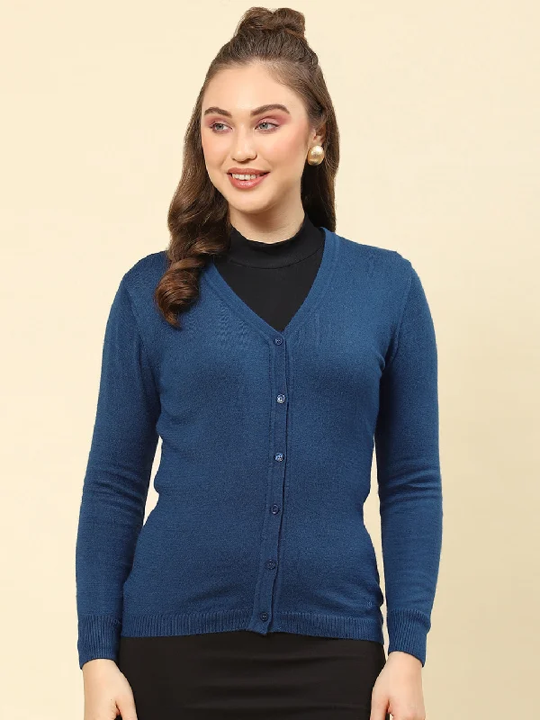 cardigan for chilly days -Women Teal Blue Solid V Neck Full Sleeve Cardigan