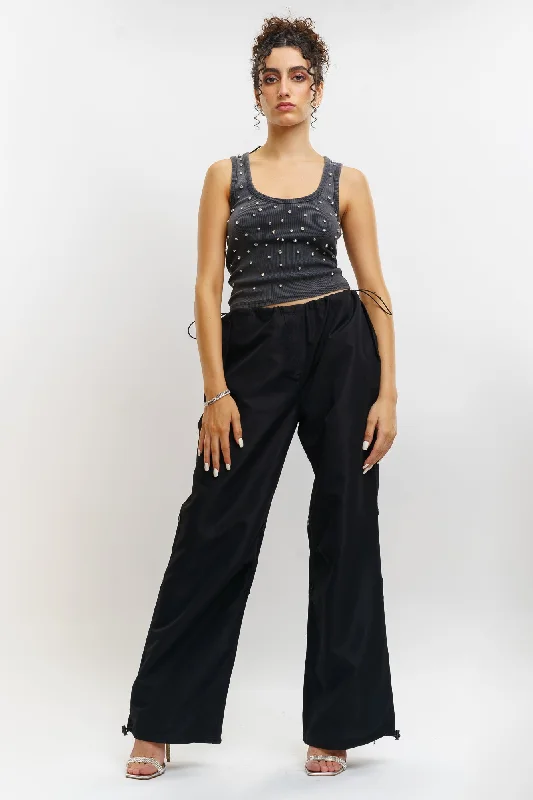 high-waisted purple pants -Black Parachute Pants