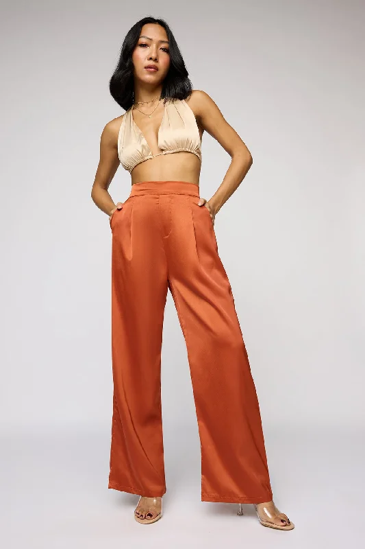 relaxed beige pants -Warm Amber Satin Straight Korean Pants