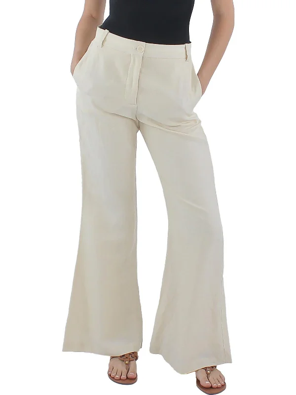 soft pink pants -Carass Womens Linen Flare Legs Wide Leg Pants