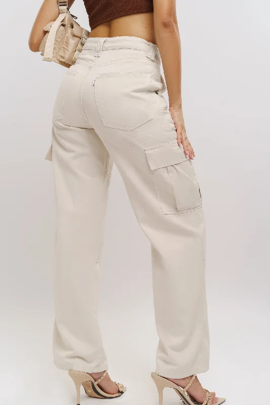 patterned beige pants -Ecru Denim Cargo Pants