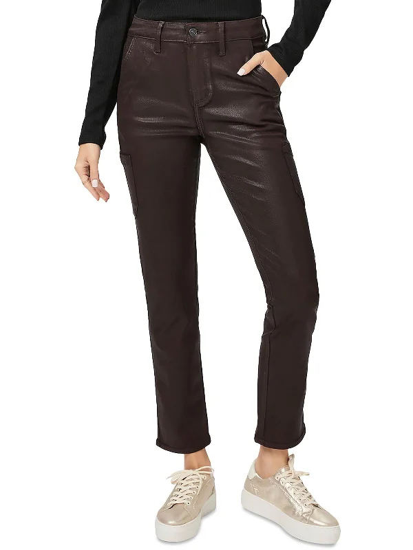 graphic brown pants -Jolie Womens Coated Ankle Cargo Jeans