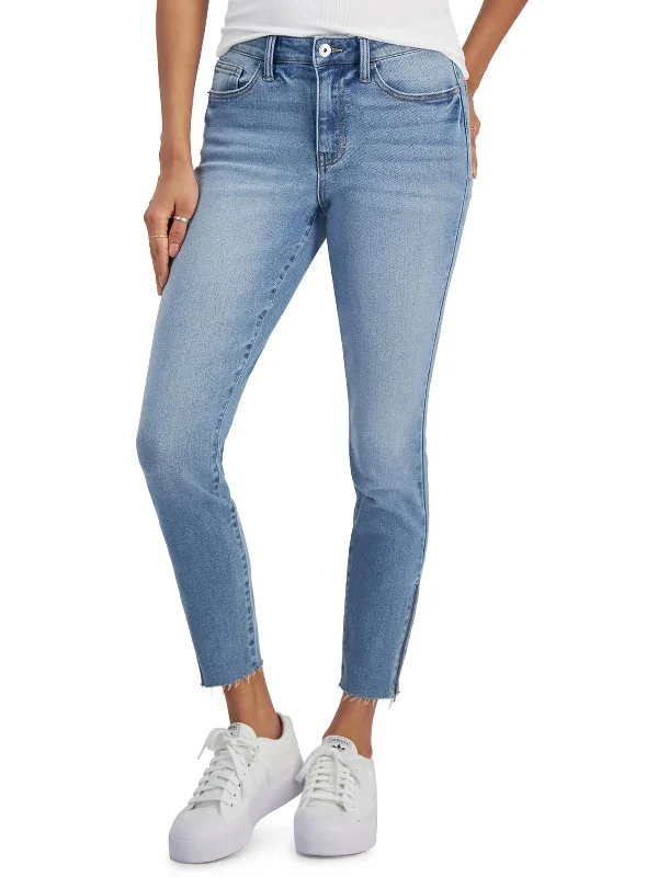 ripped indigo pants -Juniors Womens Mid-Rise Zipper Ankle Ankle Jeans