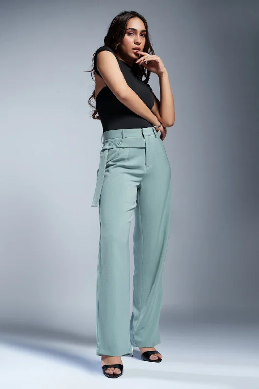 minimalist beige pants -Meadow Green Strap Detailed Korean Pants