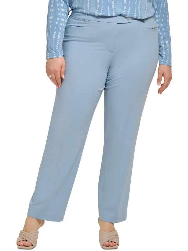 high-waisted indigo pants -Plus Womens High Rise Solid Straight Leg Pants