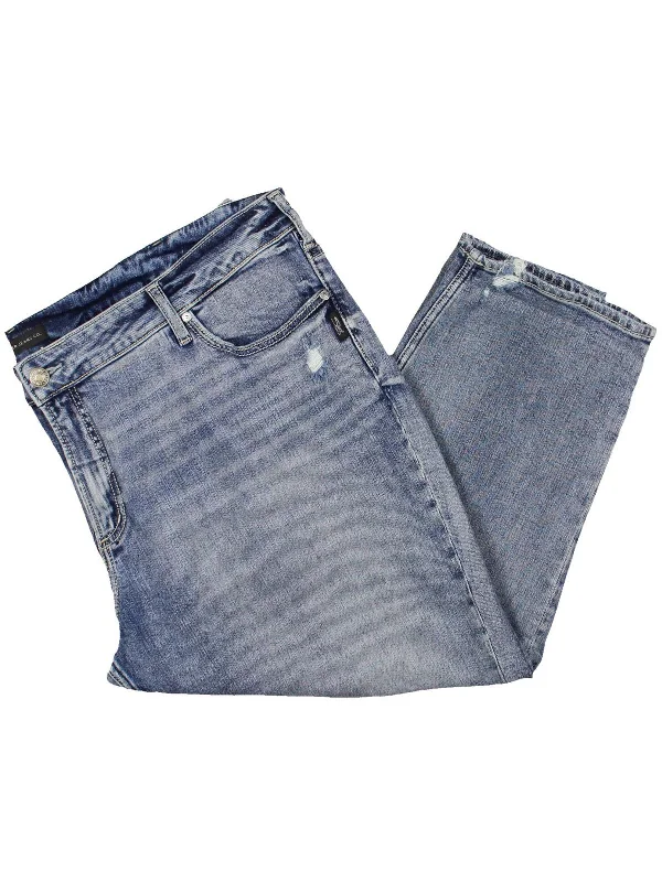 blue trendy pants -Plus Womens Mid-Rise Distressed Capri Jeans