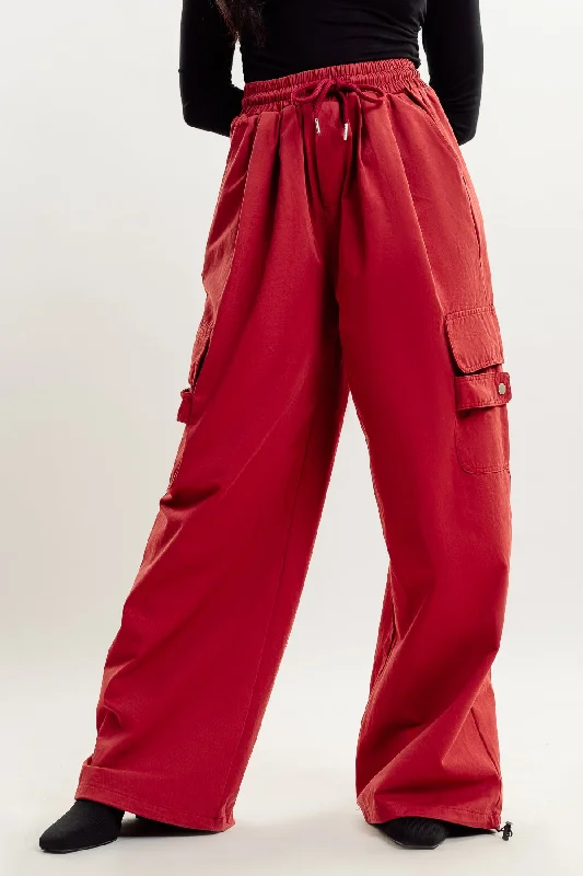 khaki green pants -Red Drawstring Cargo Pant