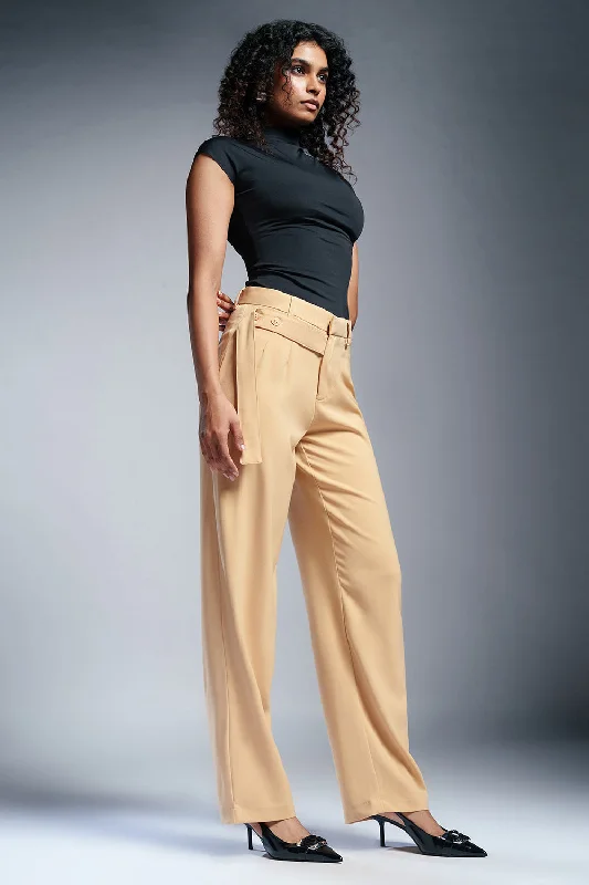 women’s pink pants -Sunlit Beige Strap Detailed Korean Pants