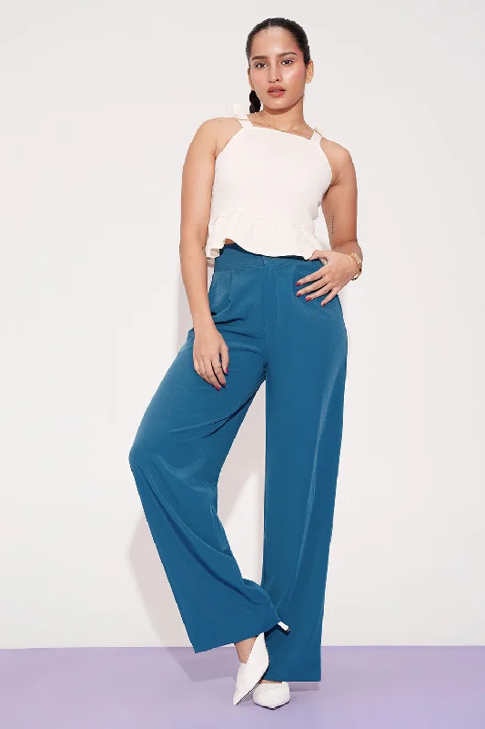 trendy blue pants -Sydney Blue Pleated Double Button Korean Pants