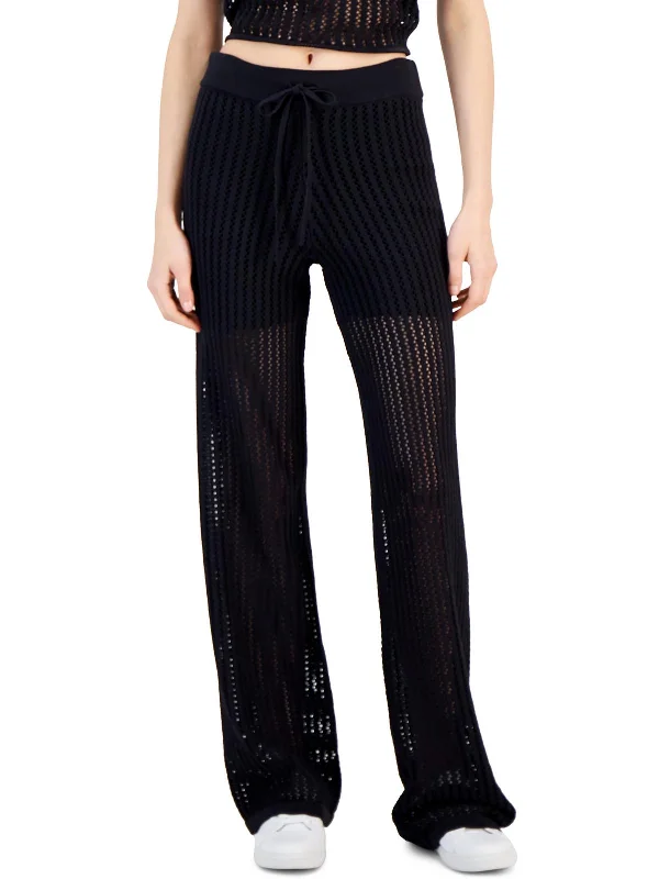 straight-cut indigo pants -Womens Crochet Knit Straight Leg Pants