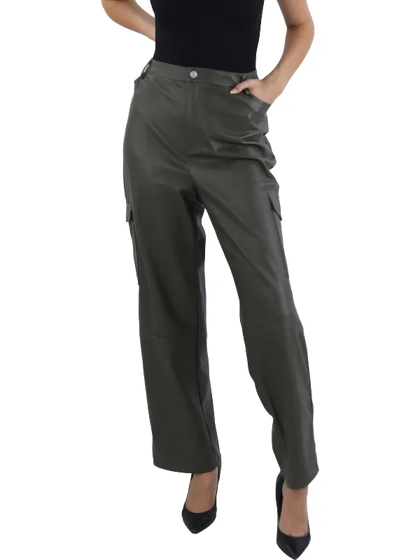 classic black pants -Womens Faux Leather High Rise Cargo Pants