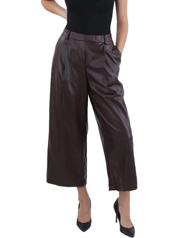 blue casual pants -Womens Faux Leather High Rise Wide Leg Pants