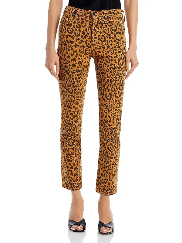 bright indigo pants -Womens Mid-Rise Animal Print Ankle Jeans