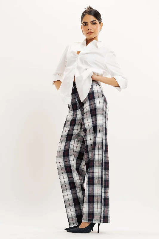 high-waisted grey pants -Red And Black Checkered Straight Fit Pant